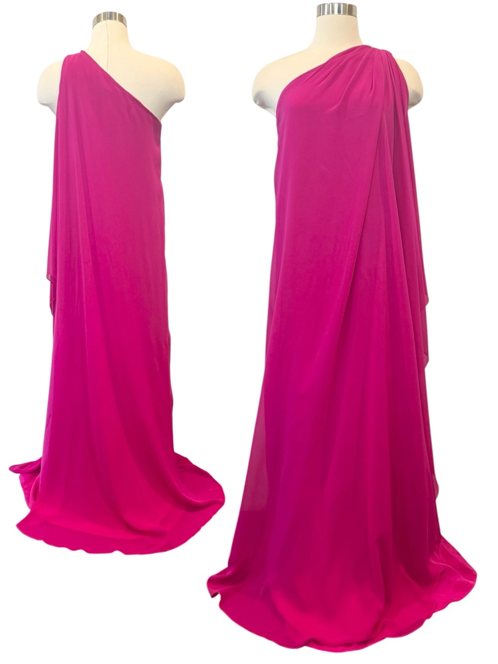 Halston 100% Silk Hot Pink Fuchsia One Shoulder Sheer Chiffon Maxi Gown Dress 4